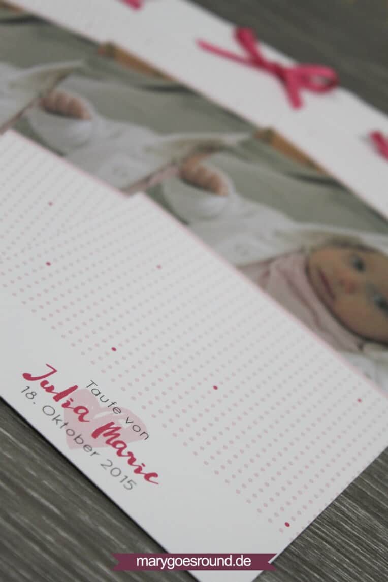 Taufkarte mit Schleife, Herz und Polka Dots in Rosa & Pink | marygoesround.de