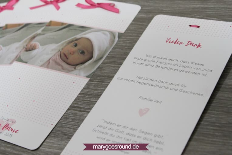 Taufkarte mit Schleife, Herz und Polka Dots in Rosa & Pink | marygoesround.de