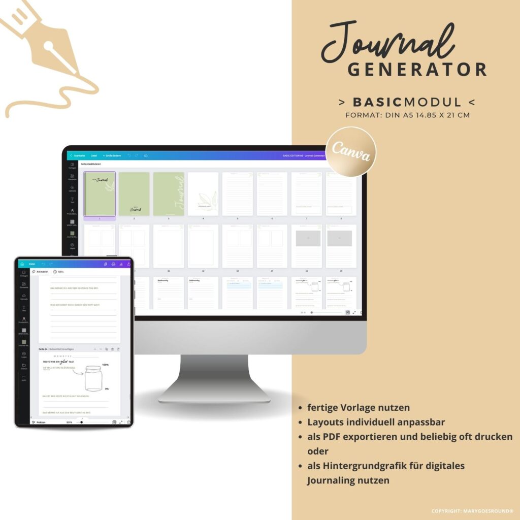 Journal Generator Printout BASIC Modul im Format A5 und personal, Tagebuchvorlagen gestalten