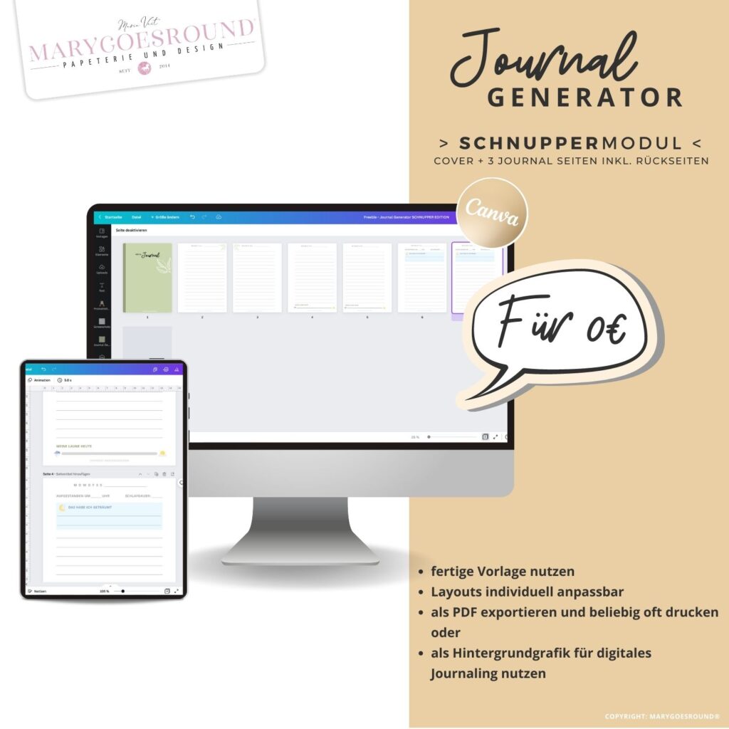 Freebie: Journal Generator Printout SCHNUPPER Modul, Tagebuchvorlagen gestalten